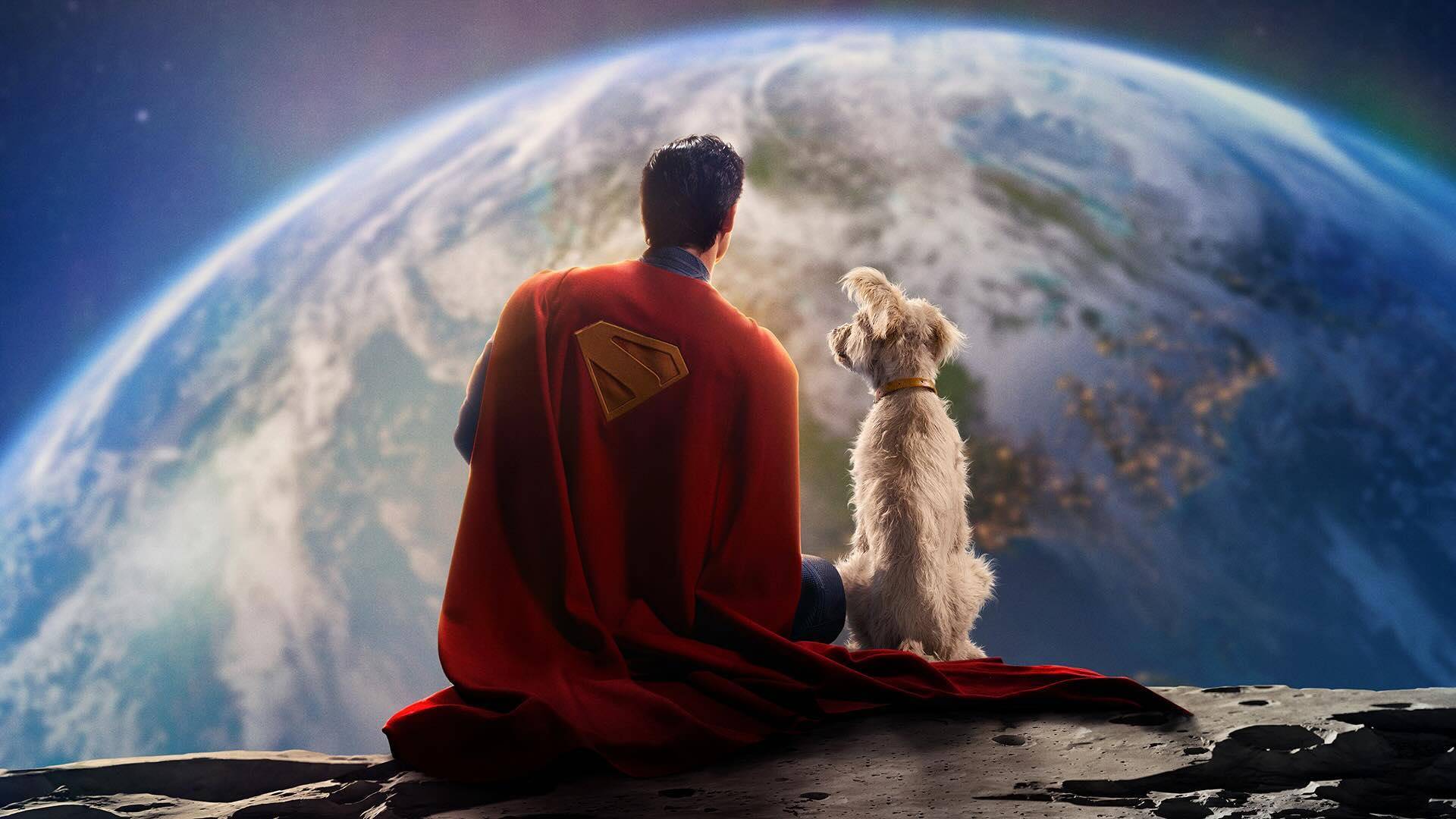 Superman and Krypto sitting on the moon enjoying the view of Earth.